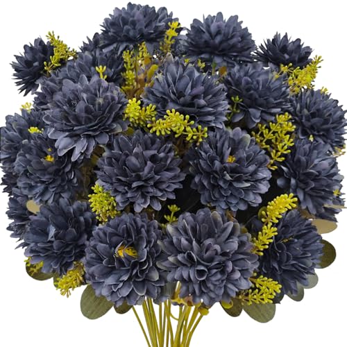 Fall Flowers Artificial Mums 2 Pcs 18 Heads Silk Chrysanthemums Fake Mums Faux Floral Bouquet Arrangements for Home Decor Indoor Outdoors Planter Pots Porch Wedding Autumn Decoration (Dark blue) - color: Dark Blue