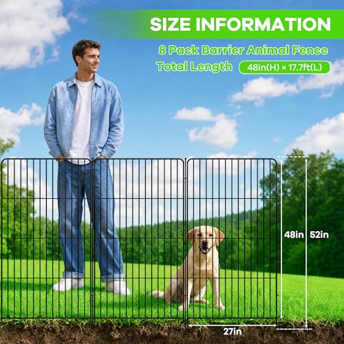 Garden Fence, 48in(H) x 17.7ft(L) 8 Pack Garden Fencing Animal Barrier, Metal No Dig Fence, Dog Fence Outdoor for Yard, Dog Playpen Outdoor Decorative Garden Fences for Yard Patio, Black