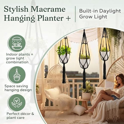 Huquary 3 Pack Macrame Hanging Plant Hanger with Grow Light,Black - color: Black