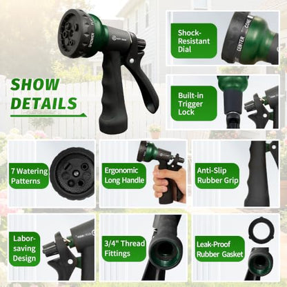 AUTOMAN Garden Hose Nozzle, Water Hose Sprayer Nozzle with 7 Adjustable Watering Patterns, Slip Resistant for Watering Plants, Lawn& Garden, Washing Cars, Cleaning, Showering Pets & Outdoor Fun. - color: Dark Green