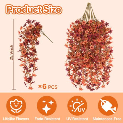 6 Pcs Artificial Hanging Mums for Outdoors, UV Resistant Fake Fall Flowers - color: Red Orange With Fall Leaves
