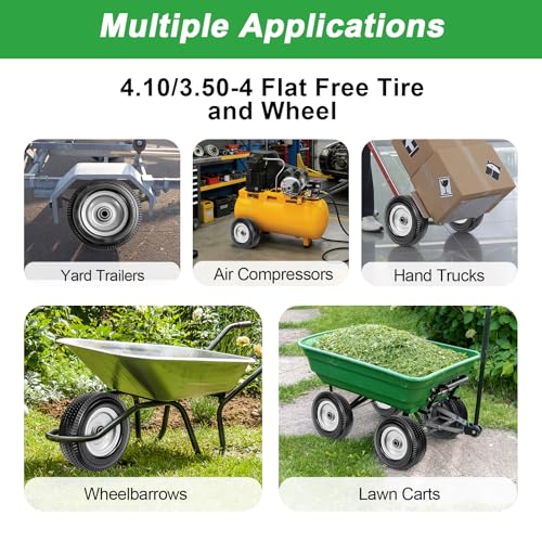 (2-Pack) 4.10/3.50-4" Flat Free Tire and Wheel, 10" Solid Tire with 5/8" Axle Bore Hole, 2.2" Offset Hub for Hand Truck Garden Wagon Cart Gorilla Carts Trolley Dolly Lawn Mover Replacement - size: 10 Inch