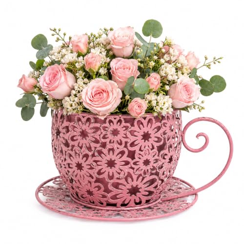 Pink Iron Teacup Planter, Vintage Coffee Cup Flower Pot with Floral Cutout Design, Suitable for Indoor Outdoor Decoration, Ideal for Succulents Flowers, Balcony Garden Decor - color: Pink