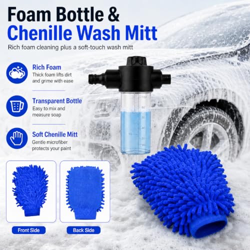 2026 Upgraded High Pressure Jet Nozzle Power Washer for Garden Hose, Water Jet Sprayer Wand with Foam Bottle, 3 Connectors and Chenille Wash Mitt for Car Washing, Patio, Lawn, Garden