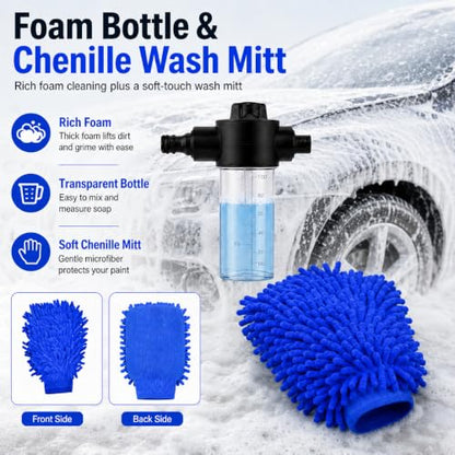 2026 Upgraded High Pressure Jet Nozzle Power Washer for Garden Hose, Water Jet Sprayer Wand with Foam Bottle, 3 Connectors and Chenille Wash Mitt for Car Washing, Patio, Lawn, Garden