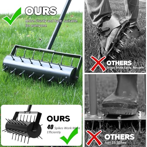 Rolling Lawn Aerator Roller with 42 Reinforced Steel Spikes, Heavy Duty Manual Lawn & Yard Aerator Tool, Pre-Assembled Push Grass Aerator with Adjustable Handle for Garden Soil