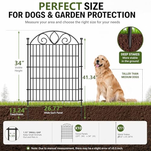 No Dig Garden Fence Outdoor for Yard, 10 Panels with Gate - size: 34 in(H) X 22 ft(L)