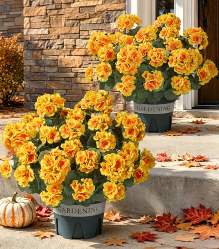 Geraniums Artificial Flowers for Outdoors, 2 Pack Potted Plants Faux Geraniums Bush Artificial Topiaries Realistic UV Resistant Fake Flowers Greenery for Outside Garden Porch Patio Yard Indoor, Yellow - color: Yellow