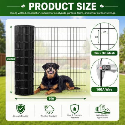 PVC Coated Welded Wire Mesh 16GA 36in x 50ft, 2x3 Mesh Black Fence Roll - color: 16GA 36''×50'