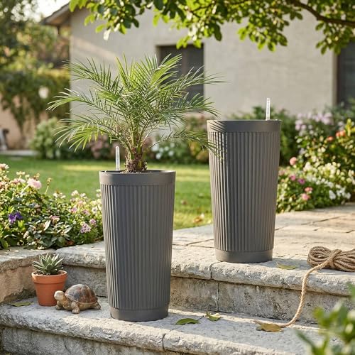 TUYOHW 24 Inch Tall Round Plastic Planter with Self Watering System, Large Indoor Outdoor Planter for Home, Patio, Garden - color: Gray-round
