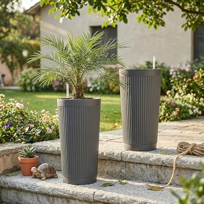 TUYOHW 24 Inch Tall Round Plastic Planter with Self Watering System, Large Indoor Outdoor Planter for Home, Patio, Garden - color: Gray-round