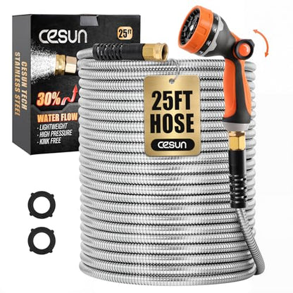 Cesun 25 ft Metal Garden Hose with 10 Function Nozzle, 25 foot x 5/8" - size: 25ft Male to Female