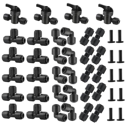44 Pcs Quick Connect Drip Irrigation Fittings Kit for 1/4" Tubing with 4 Shut Off Valve ，10 Tees, 10 Couplings, 10 Elbows & 10 End Plugs, Anti-Leak Drip Irrigation Parts - style: 1/4 inch fitting kit(44)