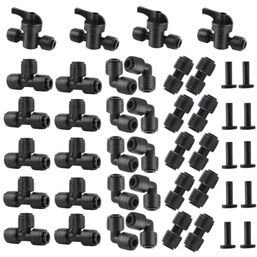 44 Pcs Quick Connect Drip Irrigation Fittings Kit for 1/4" Tubing with 4 Shut Off Valve ，10 Tees, 10 Couplings, 10 Elbows & 10 End Plugs, Anti-Leak Drip Irrigation Parts - style: 1/4 inch fitting kit(44)