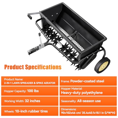 PPOLB 32 Inch Lawn Spreader with Aerator Spikes Tow Behind, 2-in-1 Broadcast Spreader & Lawn Aerator for ATV UTV Tractor, Heavy Duty Steel Hopper, Adjustable Flow Control, Lawn Care Seeder Fertilizer