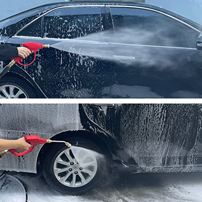 Sooprinse Short Pressure Washer Gun 3000 PSI, 7 Inch Replacement Extension Curved Wand, 5 Nozzle Tips, M22-14 Inlet - color: Red