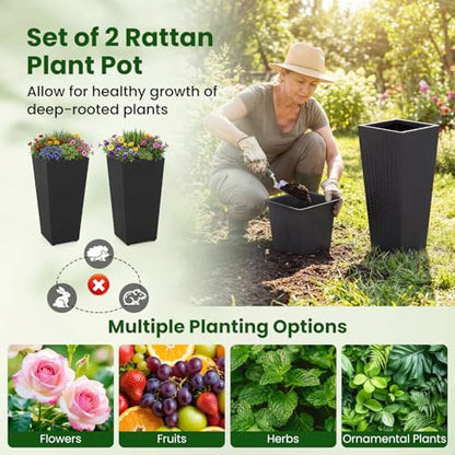 GIANTEX Tall Planters Set of 2, 24”H Tapered Rattan Planter, Black - color: Black, size: 11''x11''x24''