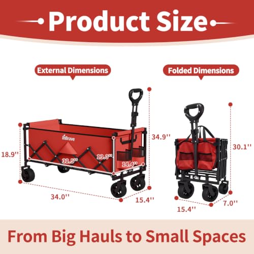 34" Extra Long Collapsible Wagon Cart, 360LBS Capacity, Red - color: Red