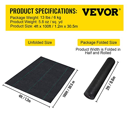 VEVOR Weed Barrier Fabric, Heavy Duty 4x100FT 5.8oz Woven Landscape Fabric, Garden Fabric Weed Barrier, Weed Control Fabric Ground Cover, Geotextile Fabric for Landscaping, Weed Block Gardening Mat - size: 4FT*100FT-5.8OZ, style: Woven