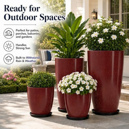 Usocik Large Outdoor Planters, Set of 4, 10/12/21/24 Inch, Wine Red - color: Burgundy Gloss