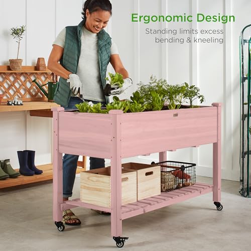 Best Choice Products Raised Garden Bed 48x24x32-inch Mobile Elevated Wood Planter w/Lockable Wheels, Storage Shelf, Protective Liner - Pink - color: Pink