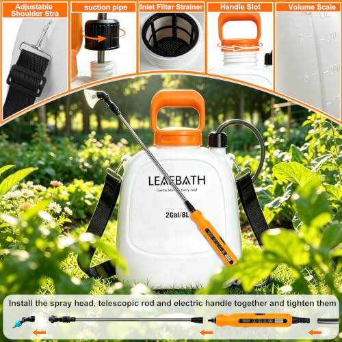 2 Gallon Battery Powered Backpack Sprayer - Rechargeable Electric Garden Sprayer, Comes with an Extra 10FT Hose, 2 Speed Modes, 6 Nozzles, Telescopic Wand, Backpack & Shoulder Sprayer for Lawn Yard - color: Orange-White)