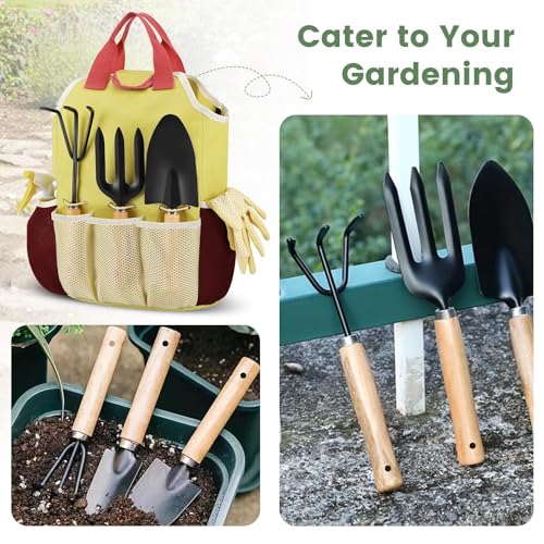 APSARAS USA Gardening Tools, Garden Tool Set, 10 Pieces Heavy Duty Sturdy Steel Gardening Tool Set with 600D Oxford Cloth Storage Tote Bag, Durable Supplies Kit Perfect Garden Gifts for Father - style: Wood Handle and Sturdy Steel