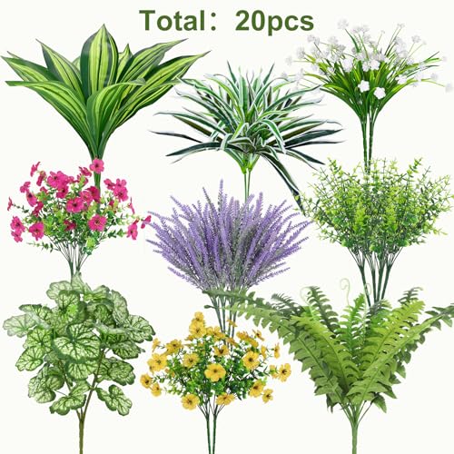 Roberly 20 Pcs Artificial Plants Outdoor, Fake Greenery Stems Plants