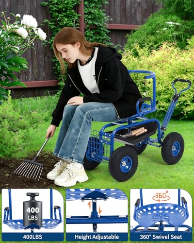 Heavy Duty Rolling Garden Work Seat – 360° Swivel Adjustable Stool, Extendable Handle, 10" All-Terrain Wheels, 400 lbs Capacity, Steel Double Frame with Backrest & Armrest – Blue - color: Blue, size: With Backrest
