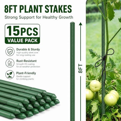 Xiny Tool Garden Stakes, 15 Pack 8 FT Steel Plant Garden Tomato Stakes with Plastic Coat for Climbing Plants (96 Inch) - size: 96 Inch