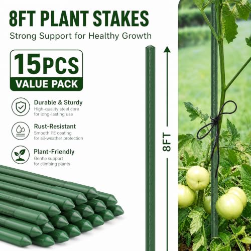 Xiny Tool Garden Stakes, 15 Pack 8 FT Steel Plant Garden Tomato Stakes with Plastic Coat for Climbing Plants (96 Inch) - size: 96 Inch