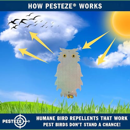 PESTEZE USA Premium Owl Bird Repellent Holographic Decoy with 2 Bells [8.25 × 15 in] Uses Reflective Shine & Sound to Deter Woodpeckers, Pigeons, Crows, Ducks, Geese & Other Outdoor Pests Without Harm