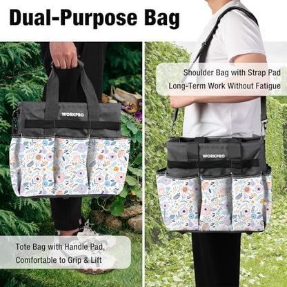 WORKPRO Garden Tool Bag, 10 Pockets and Shoulder Strap, Floral White - color: Floral White