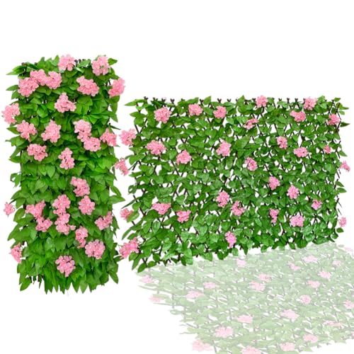 86 York Expandable Fence Privacy Screen Faux Ivy Decorative for Outdoor Garden Wall Patio Balcony, Artificial Hedge Lattice Fencing(Single Sided Leaves) (4, Hydrangea-Pink) - color: Pink