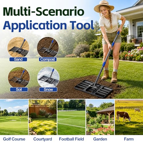 Lawn Leveling Rake,Long Handle Rakes for Lawns Heavy Duty Lawn Leveler Tool for Soil Compost Sand Landscape Rake for Yard Garden Golf Course 17"x10"