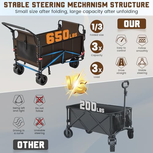 LEVELEVE Heavy Duty Folding Wagon - 2-in-1 Collapsible Cart, All-Terrain Wheels w/Brakes & Side Pockets (Brown, 650lb Capacity) - color: Brown, size: Large