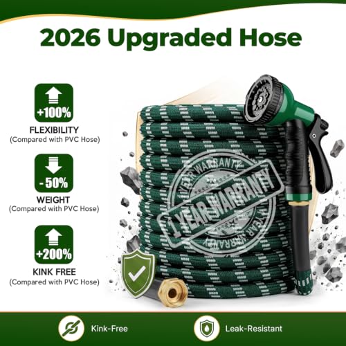 Garden Hose 50 ft, 2026 Upgraded Kink Free Flexible Water Hose 50ft With 10 Pattern Spray Nozzle, Leak-Proof, Portable, Ultra Lightweight & Durable Garden Hose for Yard, Lawn, Outdoor (DarkGreen) - size: 50FT
