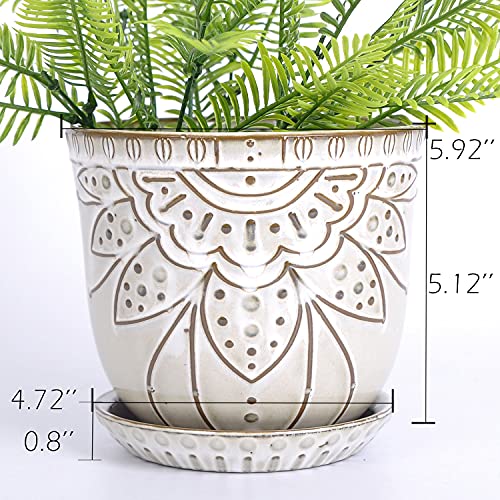 VanEnjoy 5.9 inch Round Bohemian Style Ceramic Planter, Geometry Engrave Off White Brown Planter Flower Pot, Indoor Outdoor Decorative Planter - color: Ht, size: 5.9"