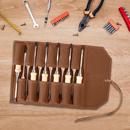 Chisel Roll, 6 Pockets Roll Up Tool Pouch, Waxed Canvas Small Tool Roll - color: 12-Brown