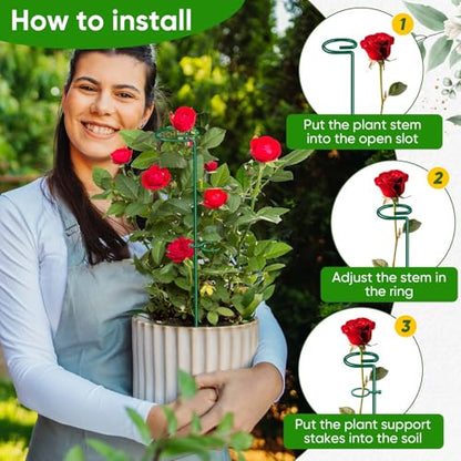 HiGift 17 inch Plant Support Stakes, 4mm Thick Garden Single Stem Flower Support Stake Amaryllis Plant Cage Support Rings with 10 pcs Plant Clips for Tomato Orchid Lily Peony Rose Flower Stem-5 Pack - size: 17 Inch-5 Pack