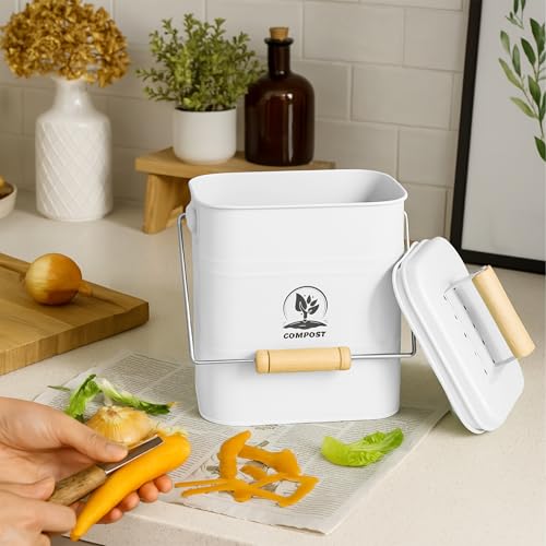 Relaxdays Kitchen Compost Bin, 3.5 litres, Iron & Wood, 2 Charcoal Odour Filters, Lid & Handle, Food Waste Caddy, White - color: White