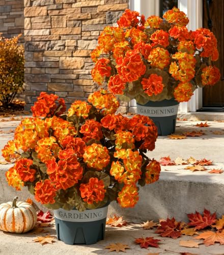 Geraniums Fall Flowers Artificial Flowers for Outdoors Autumn Decor, 2 Pack Potted Plants Faux Geraniums Bush Realistic UV Resistant Fake Flowers Greenery for Front Door Porch Patio Yard Indoor, Mix - color: 6 Yellow, 6 Orange