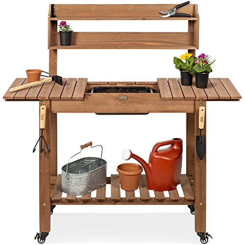 Best Choice Products Mobile Garden Potting Bench, Outdoor Wood Workstation Table w/Sliding Tabletop, 4 Locking Wheels, Food Grade Dry Sink, Storage Shelves - Brown - color: Brown
