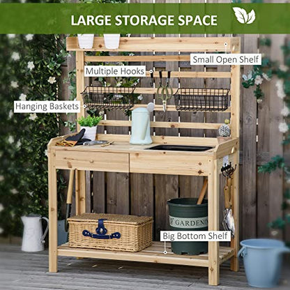 Potting Bench Table, Garden Work Bench, Workstation with Metal Sieve Screen, Removable Sink, Additional Hooks and Baskets for Patio, Courtyards, Balcony, Natural
