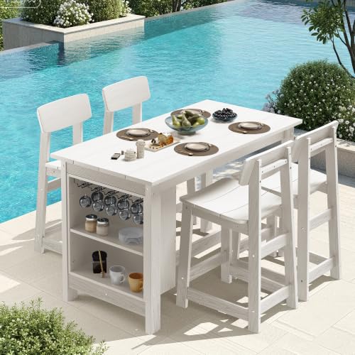 SERWALL 5-Piece Outdoor HDPE Counter-Height Bar Set with 4 Stools, White - color: White, size: 5 Piece Bar Set