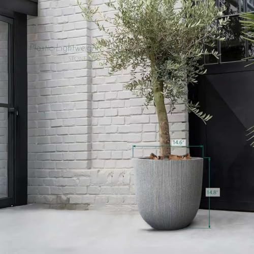 14.8"H Tall Tapered Ribbed Large Plastic Planter w/ Drainage Hole & Plug - color: Mediterranean Gray., size: 14.8in