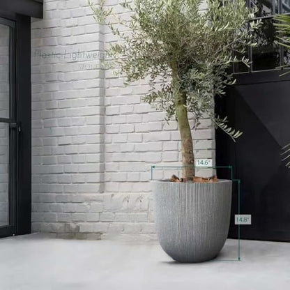 14.8"H Tall Tapered Ribbed Large Plastic Planter w/ Drainage Hole & Plug - color: Mediterranean Gray., size: 14.8in