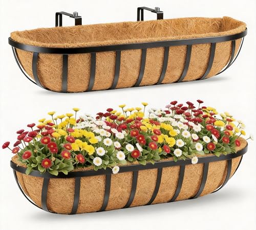 30 Inch Window Deck with Coco Liner, 30" Window Boxes Horse Trough with Coconut Coir Liner, Fence Metal Hanging Flower Planter Window Basket Deck Railing Planter Boxes for Outdoor Garden Lawn, 2pcs - size: 2p 30in