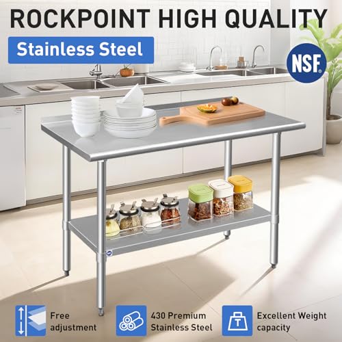 ROCKPOINT Stainless Steel Table for Prep & Work with Backsplash 24x48 Inches, NSF Metal Commercial Kitchen Heavy Duty Table with Adjustable Under Shelf and Table Foot for Restaurant, Home and Hotel - size: 24x48inch, style: with Backsplash