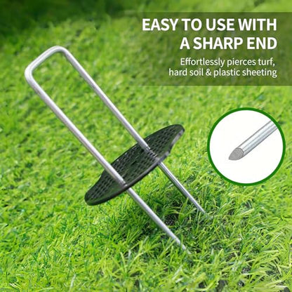 11 Gauge Garden Stakes, 100pcs Landscape Staples and 100pcs Gaskets, 6in U Shaped Galvanized Steel Garden Staples with Pad for Landscape Fabric Supplies for Weed Barrier Fabric,Tent Stakes